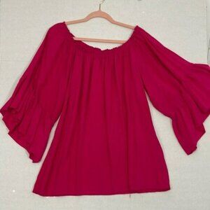 Zan Top, Ruffle 3/4 Sleeves, Elastic Neckline, Dark Pink, Rayon, Large